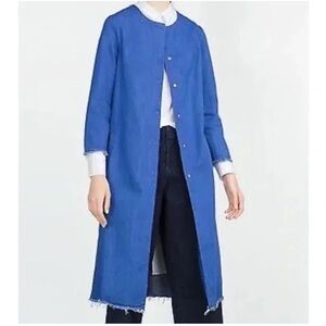 Zara  Blue Denim Collarless raw edge hem and cuff Coat Size M